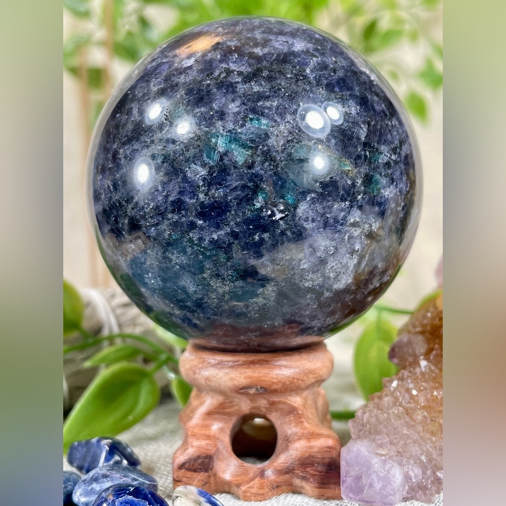 2294 Iolite Crystal Sphere with Emerald Inclusions